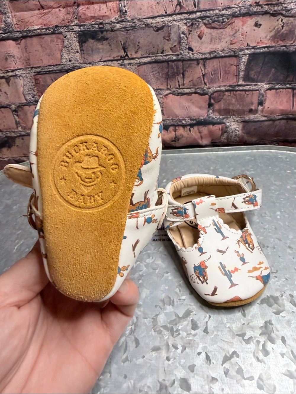 Baby White Cowboy Print T-Strap Crib Shoes